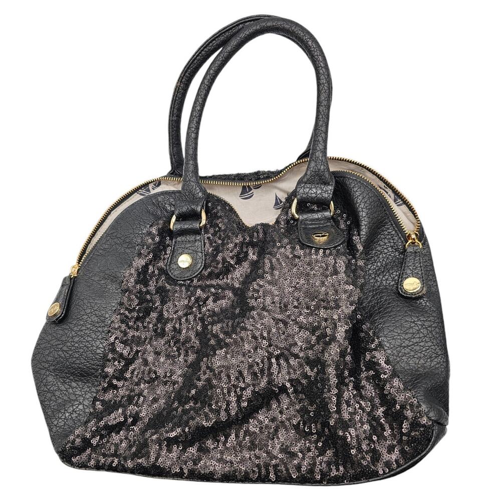 Pretty Ships Womens Black Sequin Shoulder Bag Purse Zip Top Large
